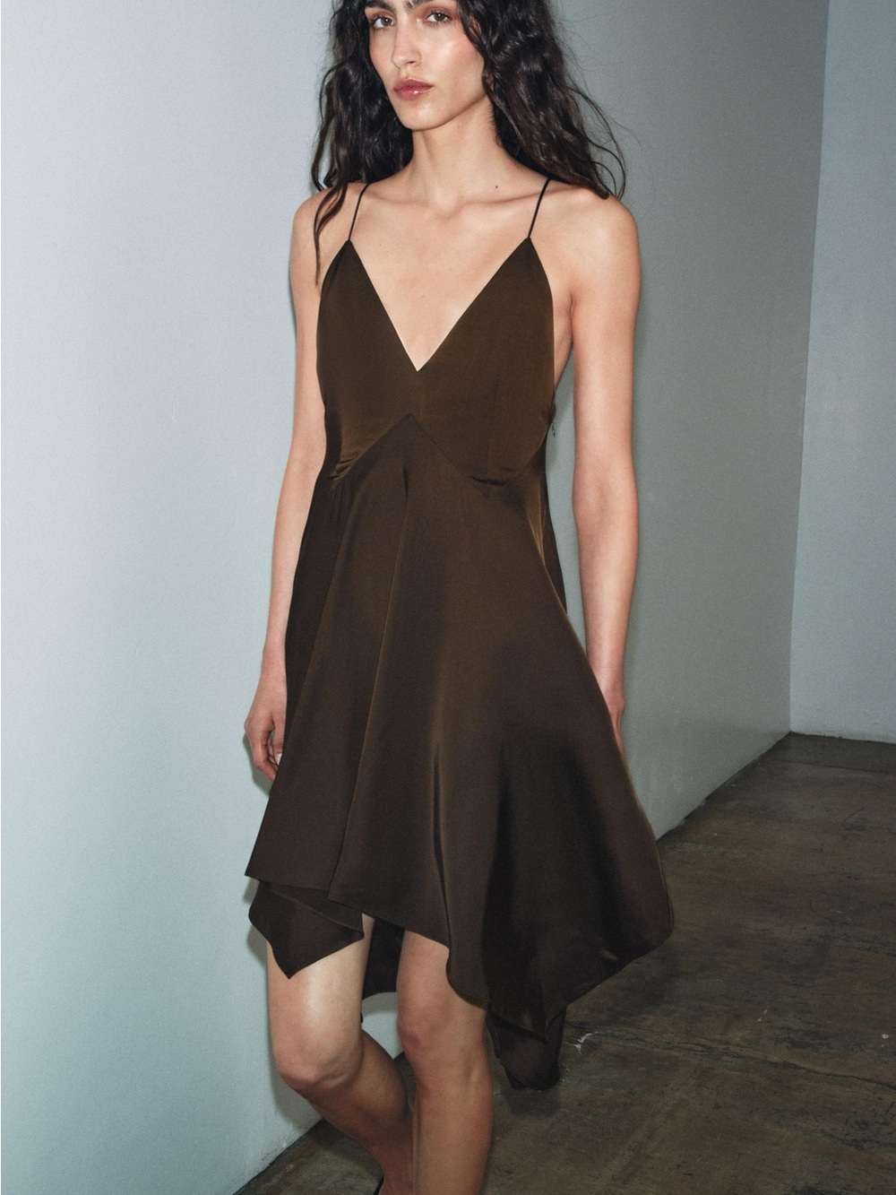 Zara Chocolate Brown V-Neck Spaghetti Strap Mini Dress
